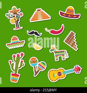 Vector flat Mexico attributes sticker set illustration isolated on green. Vector flat Mexico attributes sticker set illustration Stock Vector