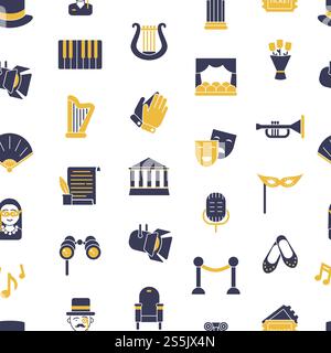 Vector flat theatre icons seamless pattern on white background illustration. Vector flat theatre icons pattern or background illustration Stock Vector
