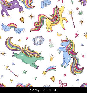 Vector cute hand drawn magic unicorns and stars pattern or background illustration. Colored background with character animal. Vector cute hand drawn magic unicorns and stars pattern or background illustration Stock Vector