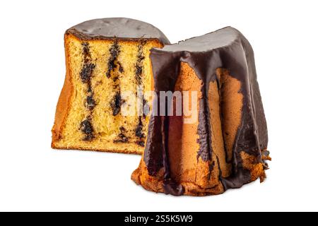 Pandoro cake covered and filled with chocolate cream isolated on white with clipping path included. Pandoro typical Christmas cake cut in half with vi Stock Photo