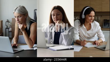 Collage view, workflow of three women using modern wireless technologies Stock Photo