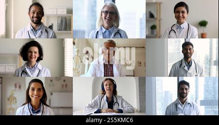 Collage view diverse doctors having virtual meeting to share opinions Stock Photo