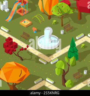 Pictures of isometric trees. 3D low poly stylized plants. Vector park polygonal with playground illustration. Pictures of isometric trees. 3D low poly stylized plants Stock Vector