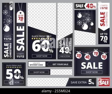 Web banners ad. Different sizes and shapes of advertizing business banners collection vector template isolated. Illustration of sale marketing holiday poster, discount xmas. Web banners ad. Different sizes and shapes of advertizing business banners collection vector template isolated Stock Vector