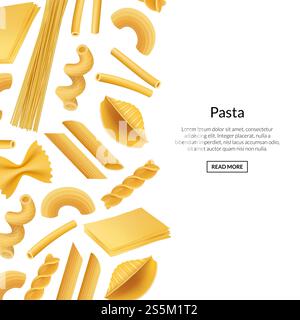 Vector banner realistic pasta types background illustration. Poster macaroni with place for text. Vector banner realistic pasta types background illustration Stock Vector