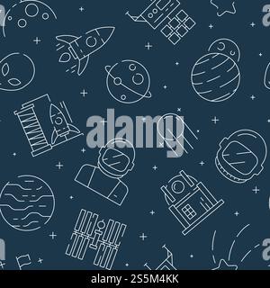 Space seamless pattern. Futuristic universe background with astronaut shuttle rocket stars and planets vector textile design project. Futuristic universe and planet, pattern cosmos sky illustration. Space seamless pattern. Futuristic universe background with astronaut shuttle rocket stars and planets vector textile design project Stock Vector