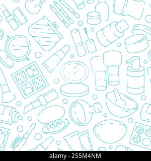 Makeup pattern. Hair brush eyeshadows lipstick nails vector seamless textile design project. Illustration of background with makeup container and lotion beauty. Makeup pattern. Hair brush eyeshadows lipstick nails vector seamless textile design project Stock Vector