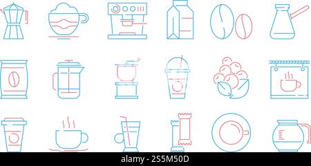 Coffee cup icons. Hot drinks tea and coffee espresso cup and mug pot cake food vector linear symbols. Illustration of coffee and tea mug, drink cup mocha linear. Coffee cup icons. Hot drinks tea and coffee espresso cup and mug pot cake food vector linear symbols Stock Vector