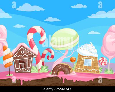Game seamless sweet landscape. Fantasy delicious background desserts candy sugar caramel chocolate biscuits lollipop vector cartoon. Illustration of sweet world gui, house building and maracon candy. Game seamless sweet landscape. Fantasy delicious background desserts candy sugar caramel chocolate biscuits lollipop vector cartoon Stock Vector