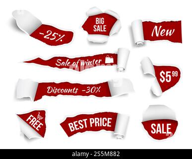Promo banners ripped paper. Sale advertizing tags promotion cut edges pages vector realistic pictures. Illustration of promo ripped and cardboard rip damage discount. Promo banners ripped paper. Sale advertizing tags promotion cut edges pages vector realistic pictures Stock Vector