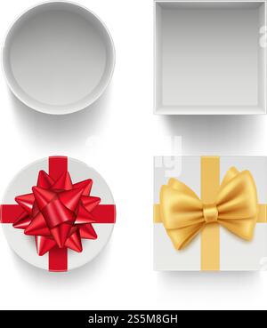 Present boxes with bows. Gifts celebration packages with colored ribbons red and golden vector template isolated. Illustration of gift box to birthday holiday, surprise christmas present. Present boxes with bows. Gifts celebration packages with colored ribbons red and golden vector template isolated Stock Vector