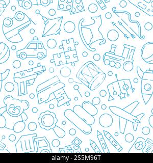 Toys kids pattern. Games for childrens plastic cars soldiers bear horse puzzle games vector textile design seamless background. Illustration of seamless pattern toy child, rocket and pistol. Toys kids pattern. Games for childrens plastic cars soldiers bear horse puzzle games vector textile design seamless background Stock Vector