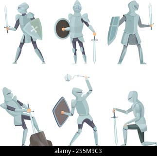Cartoon knights. Medieval warrior on horse vector cartoon characters in action poses. Warrior knight soldier in different pose figure illustration. Cartoon knights. Medieval warrior on horse vector cartoon characters in action poses Stock Vector