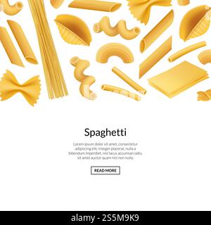 Vector realistic pasta types banner background illustration. Web page with place for text. Vector realistic pasta types banner background illustration Stock Vector