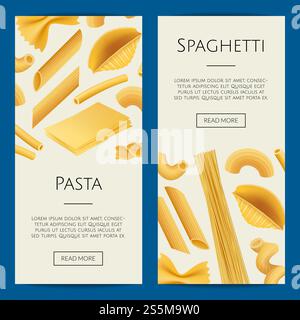 Vector realistic pasta types web banner and poster templates illustration. Vector realistic pasta types web banner illustration Stock Vector