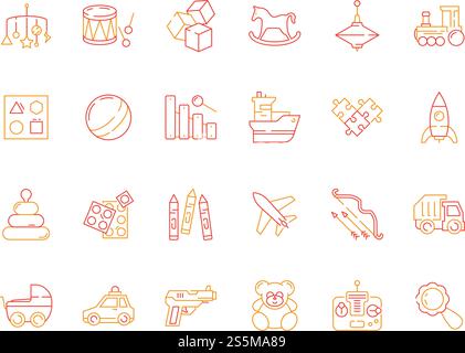 Toys for kids icon. Blocks plastic cars and soldiers books funny games vector thin line colored pictures. Illustration of toy for game, ship and plane. Toys for kids icon. Blocks plastic cars and soldiers books funny games vector thin line colored pictures Stock Vector