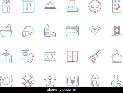 Hotel related symbols. Bathroom hospital travel places spa breakfast area toilet wifi zone hotel colored vector icon. Illustration of hotel symbol service, toilet and wifi. Hotel related symbols. Bathroom hospital travel places spa breakfast area toilet wifi zone hotel colored vector icon Stock Vector