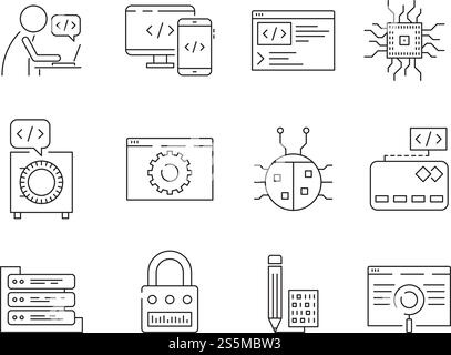 Programmer icon. Coder web dev worker bug fixes nodes qa system testing engineering vector thin line symbols. Illustration of programming and testing. Programmer icon. Coder web dev worker bug fixes nodes qa system testing engineering vector thin line symbols Stock Vector