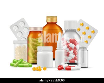 Medical bottles and pills. Medications aspirin antibiotic drugs tablets vector realistic health care concept. Illustration of antibiotic pharmaceutical, pill and tablet, vitamin and aspirin. Medical bottles and pills. Medications aspirin antibiotic drugs tablets vector realistic health care concept Stock Vector