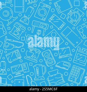 Household electronics pattern. Home modern appliances kitchen objects refrigerator microwave kettle computer tv vector seamless. Illustration of home electronic line pattern. Household electronics pattern. Home modern appliances kitchen objects refrigerator microwave kettle computer tv vector seamless Stock Vector