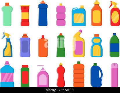 Chemical clean bottles. Detergent sanitary laundry cleaner service containers antiseptic vector flat pictures. Illustration of bottle detergent, container with chemical antiseptic. Chemical clean bottles. Detergent sanitary laundry cleaner service containers antiseptic vector flat pictures Stock Vector