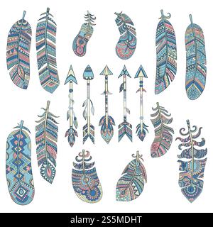 Colored tribal feathers. Arrow with pattern traditional american indian cultural decorated elements vector pictures. Illustration of tribal arrow and feather, indian ethnic. Colored tribal feathers. Arrow with pattern traditional american indian cultural decorated elements vector pictures Stock Vector
