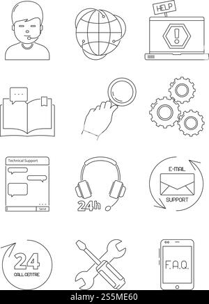 Online support icons. Call center admin computer chat 24h helping customer service fix problems vector linear symbols. Illustration of support service online, contact center help. Online support icons. Call center admin computer chat 24h helping customer service fix problems vector linear symbols Stock Vector