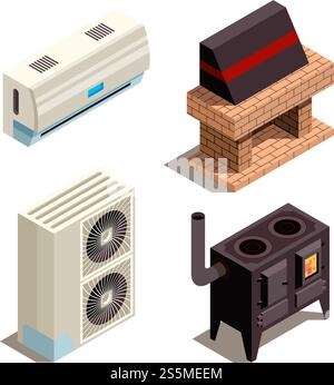 Air conditioning systems. Cooling heating generators compressor pressure pipe vector isometric collection. Conditioner and fireplace, conditioning and heater illustration. Air conditioning systems. Cooling heating generators compressor pressure pipe vector isometric collection Stock Vector