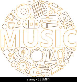 Music items background. Musicians instruments for recording audio studio vector icon in circle shape. Equipment for music studio, microphone and mixer, musical loudspeaker illustration. Music items background. Musicians instruments for recording audio studio vector icon in circle shape Stock Vector