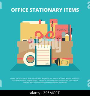 Office stationary collection. Business gadgets manager education supply folder paper book pen pencil stapler vector composition. Stationery office tools, pencil and eraser, tape and pen illustration. Office stationary collection. Business gadgets manager education supply folder paper book pen pencil stapler vector composition Stock Vector