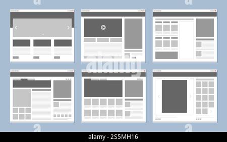 Website layout. Web pages template internet browser window with banners and ui elements icons vector design. Illustration of menu site, project content flowchart. Website layout. Web pages template internet browser window with banners and ui elements icons vector design Stock Vector