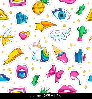 Fashion unicorn badges. Pattern in comic style with retro objects rainbow stars unicorn eyes clouds diamond seamless background. Unicorn and rainbow, cartoon magic horse illustration. Fashion unicorn badges. Pattern in comic style with retro objects rainbow stars unicorn eyes clouds diamond seamless background Stock Vector