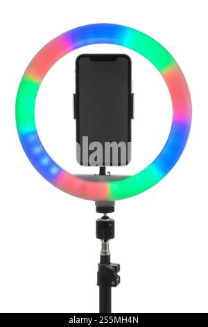 Tripod with ring light and smartphone isolated on white Stock Photo