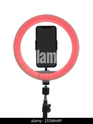 Tripod with ring light and smartphone isolated on white Stock Photo