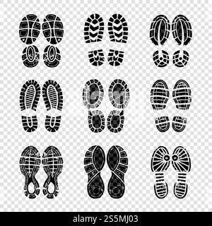 Footprint human. Walking boots soles steps silhouettes vector template printing texture. Illustration of imprint and footprint, foot silhouette. Footprint human. Walking boots soles steps silhouettes vector template printing texture Stock Vector