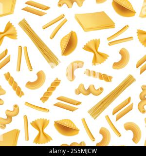 Vector realistic pasta types pattern or background illustration. Pasta background, italian food seamless pattern. Vector realistic pasta types pattern or background illustration Stock Vector