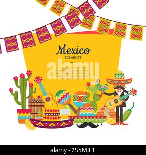 Vector flat Mexico attributes below frame with place for text and garlands illustration. Traditional sombrero and maracas, guitar instrument. Vector flat Mexico attributes below frame with place for text and garlands illustration Stock Vector