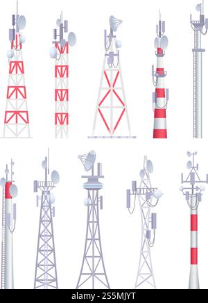 Communication tower. Cellular broadcasting tv wireless radio antena satellite construction vector pictures in cartoon style. Illustration of tower for radio communication, satellite antena. Communication tower. Cellular broadcasting tv wireless radio antena satellite construction vector pictures in cartoon style Stock Vector