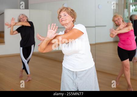 Energetic elderly woman practicing vigorous dance movements Stock Photo