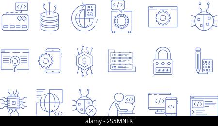 Coder icons. Programmer computer software expert input ends execute cluster bugs fix testing systems java code vector symbols. Illustration of software programmer, system programming and coding. Coder icons. Programmer computer software expert input ends execute cluster bugs fix testing systems java code vector symbols Stock Vector