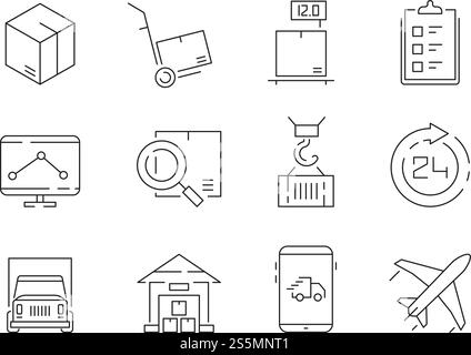 Logistic icon set. Warehouse delivery boxes containers and transport crane ship vector thin line symbols. Illustration of delivery transportation, box and container shipping. Logistic icon set. Warehouse delivery boxes containers and transport crane ship vector thin line symbols Stock Vector