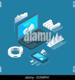 Charts isometric. Business concept laptop with 3d data histogram graphics finance presentation or analytics vector infographic objects. Infographic data smartphone, optimization illustration. Charts isometric. Business concept laptop with 3d data histogram graphics finance presentation or analytics vector infographic objects Stock Vector