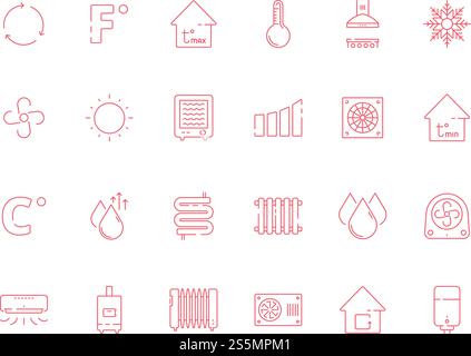 Cooling heating symbols. Cool sun conditioning systems dry air and water vector icon set. Conditioner system icons for conditioning cooling and thermometer illustration. Cooling heating symbols. Cool sun conditioning systems dry air and water vector icon set Stock Vector