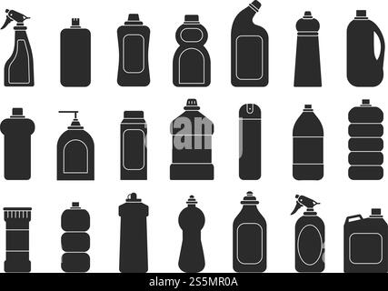 Cleaning bottles silhouettes. Laundry detergent chemical sanitary freshener tools for housework vector illustrations. Detergent container, chemical bottle black silhouette. Cleaning bottles silhouettes. Laundry detergent chemical sanitary freshener tools for housework vector illustrations Stock Vector