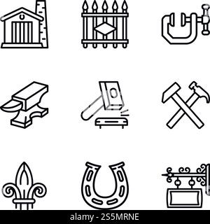 Blacksmith equipment icon set. Outline set of 9 blacksmith equipment vector icons for web design isolated on white background. Blacksmith equipment icon set, outline style Stock Vector