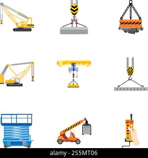 Lifting tools icon set. Flat set of 9 lifting tools vector icons for web design isolated on white background. Lifting tools icon set, flat style Stock Vector