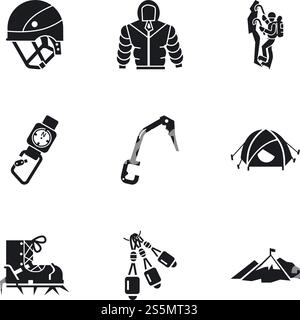 Rock climbing icon set. Simple set of 9 rock climbing vector icons for web design isolated on white background. Rock climbing icon set, simple style Stock Vector