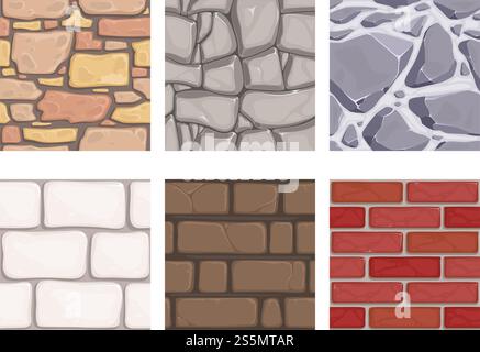 Wall game textures. Seamless rock earth stones ground wallpaper vector patterns. Illustration of masonry surface, brick material, stone pattern. Wall game textures. Seamless rock earth stones ground wallpaper vector patterns Stock Vector