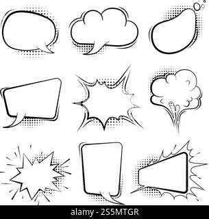 Comic speech bubbles. Retro cartoon balloon splashes shapes for book art vector template. Illustration of cloud bubble, balloon message for chat and speech. Comic speech bubbles. Retro cartoon balloon splashes shapes for book art vector template Stock Vector