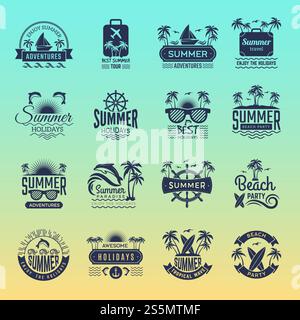 Summer travel logos. Retro tropical vacation badges and symbols palm tree drinks beach tour on island vector pictures collection. Illustration of summer tropical journey badge. Summer travel logos. Retro tropical vacation badges and symbols palm tree drinks beach tour on island vector pictures collection Stock Vector